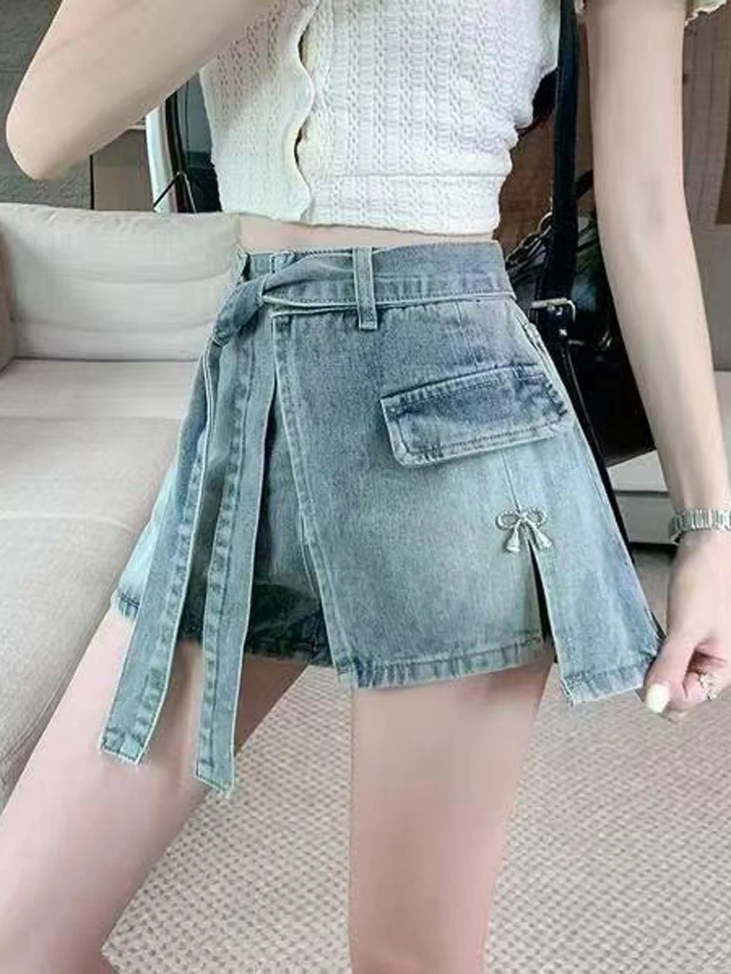 High Waist Straight Cut Slimming A-Line  Skirt with Asymmetrical Slit for Women Casual Style European Fashion Denim Skirt