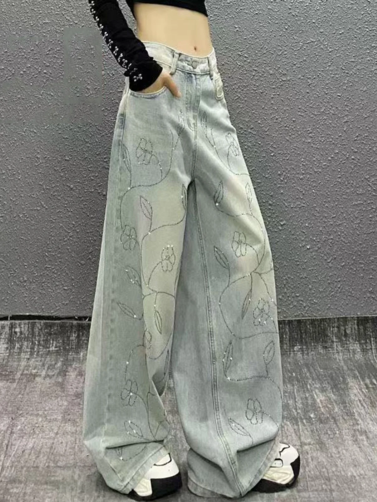 

iny Rhinestone Casual High Waist Wide Leg Jeans Women's Spring New Sle Loose Slimming Straight Cut Floor-Length Pants
