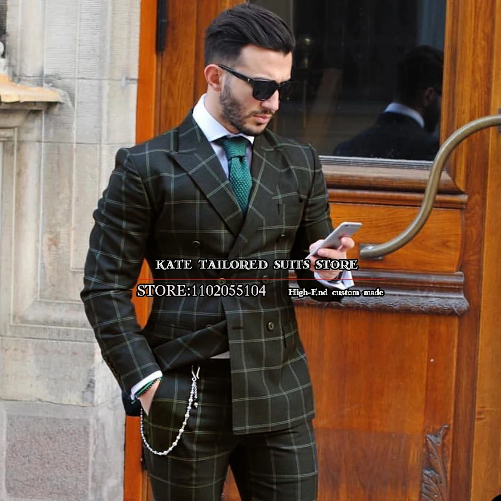 

Male Fashion Suits Men Slim Fit Double Breasted Coat Pant Design Latest Groomsman Business Tuxedo Black Plaid Check 2 Pieces Set