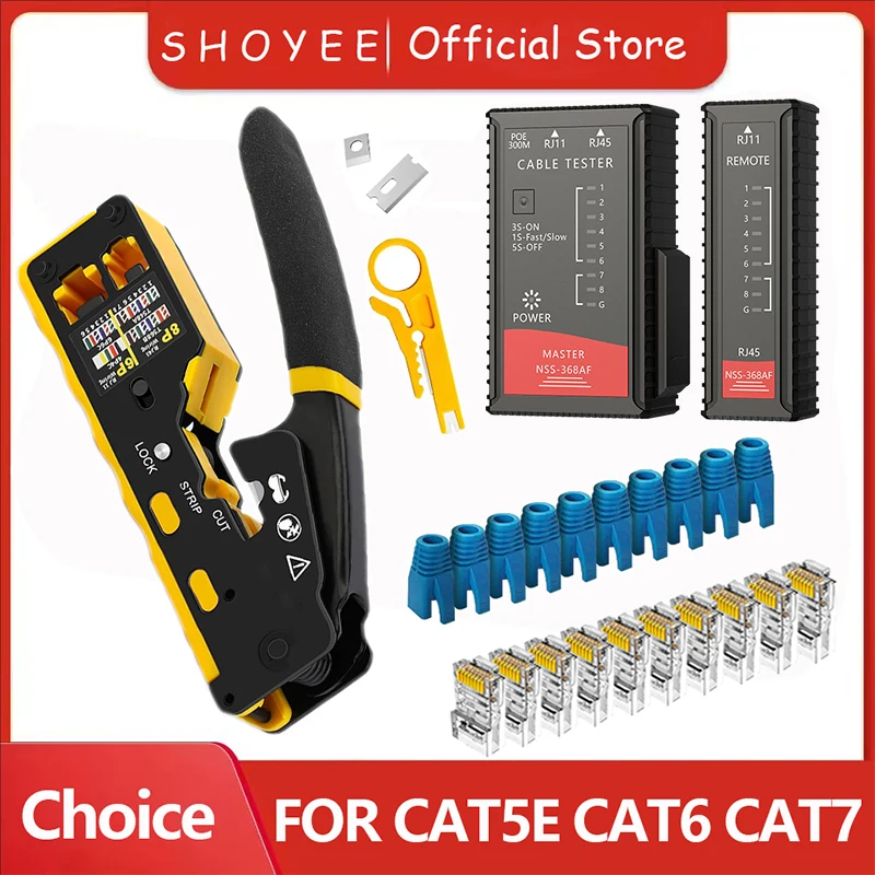 RJ45 Crimp Tool Kit Pass Through Cat6 Crimping Tool For Cat5 Cat5e Cat6 8P8C Connector, All-in-one Ethernet Crimper