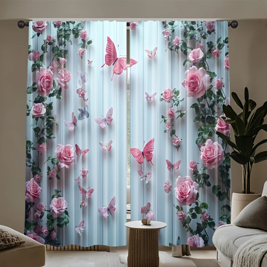 2PCS Digital Printed Curtains, Peach Pink Rose Wall Pattern, Beautiful Window Drapes for Living Room Bedroom Home Decor