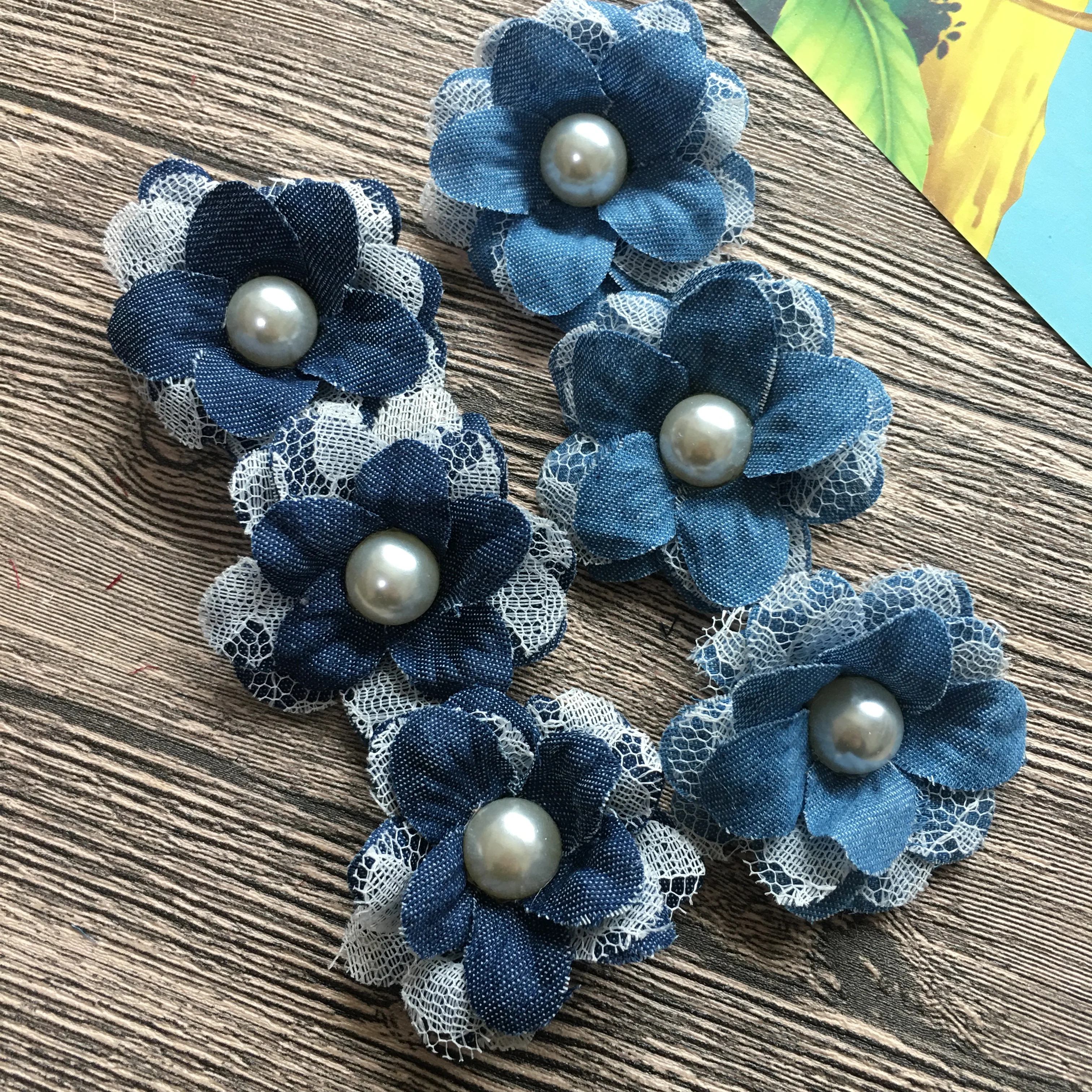 Demin Flower For Baby DIY Accessories 2.0 Inch Fabric Flower Flat Back Handmade Art Flowers With Pearl Center