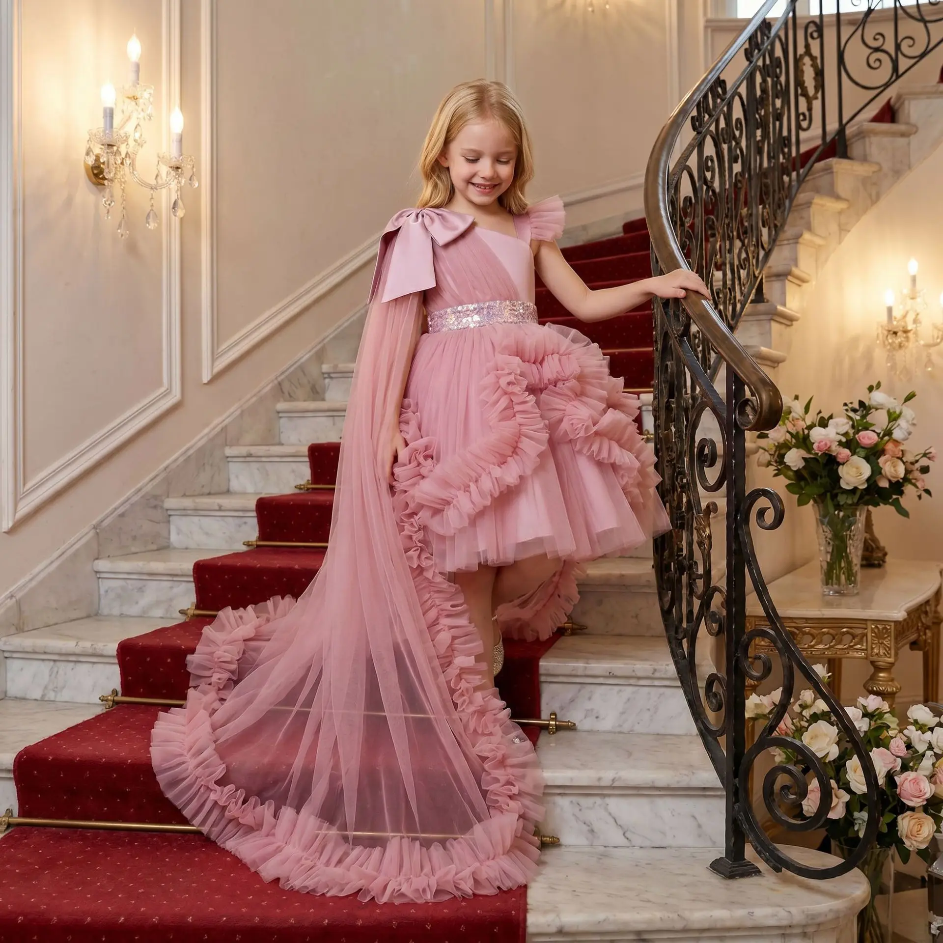 Luxury Pink Girls Pageant Gown One Shoulder Ruffle Tulle Skirt Big Satin Bow Back Long Train Kids Birthday Formal Dress