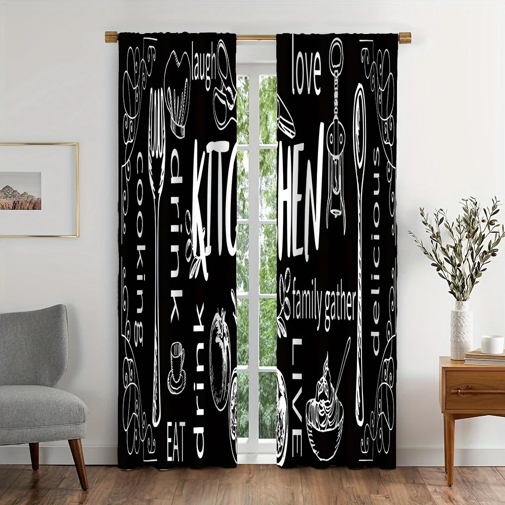 Funny Kitchen Utensil Print Black Background Curtain Love Laugh Drink Kitchen Decor Window Curtain