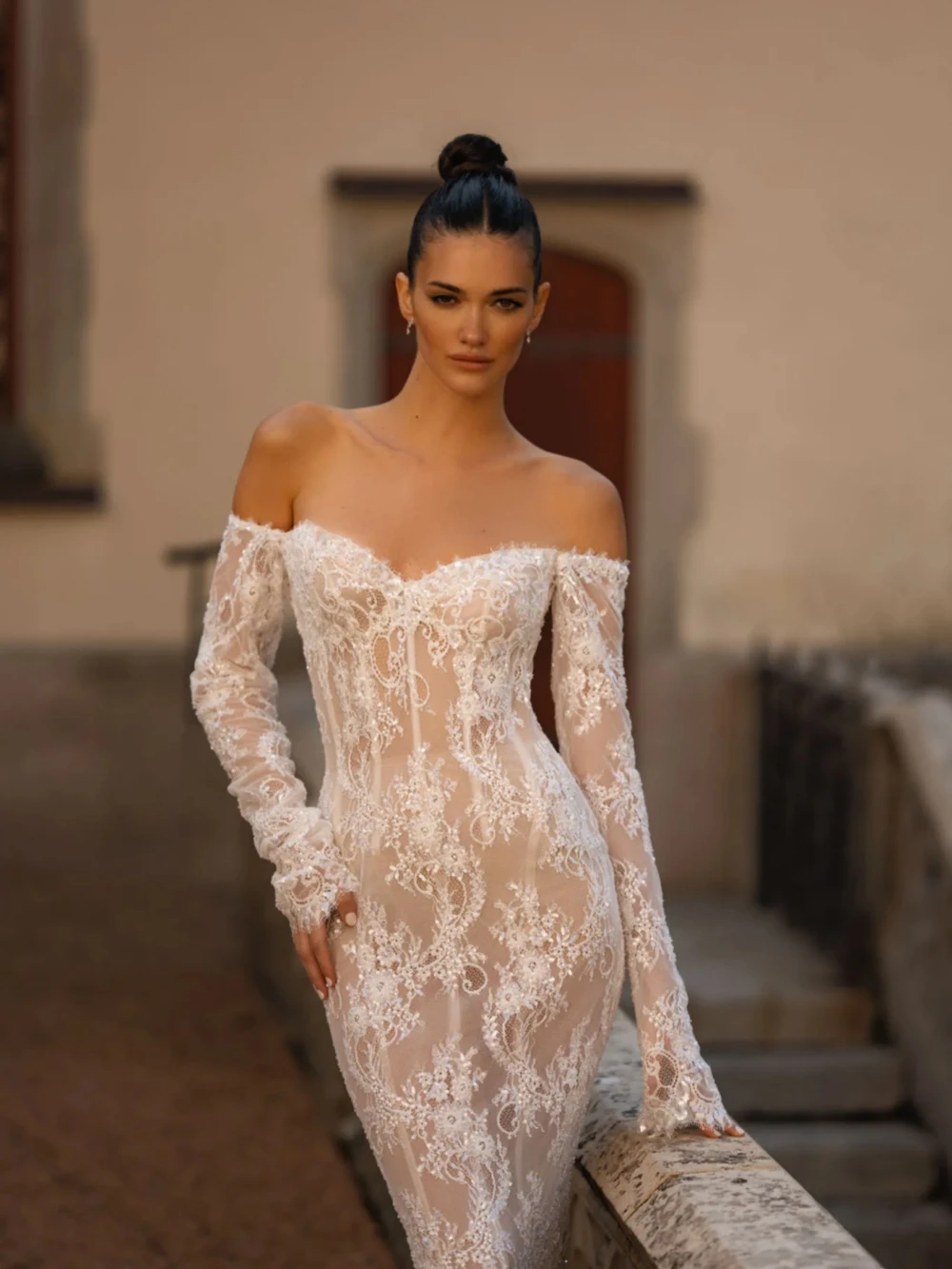 Elegante fora do vestido de noiva ombro, Vestido de noiva brilhante lantejoulas, Lace Mermaid clássico, Vestido de casamento longo