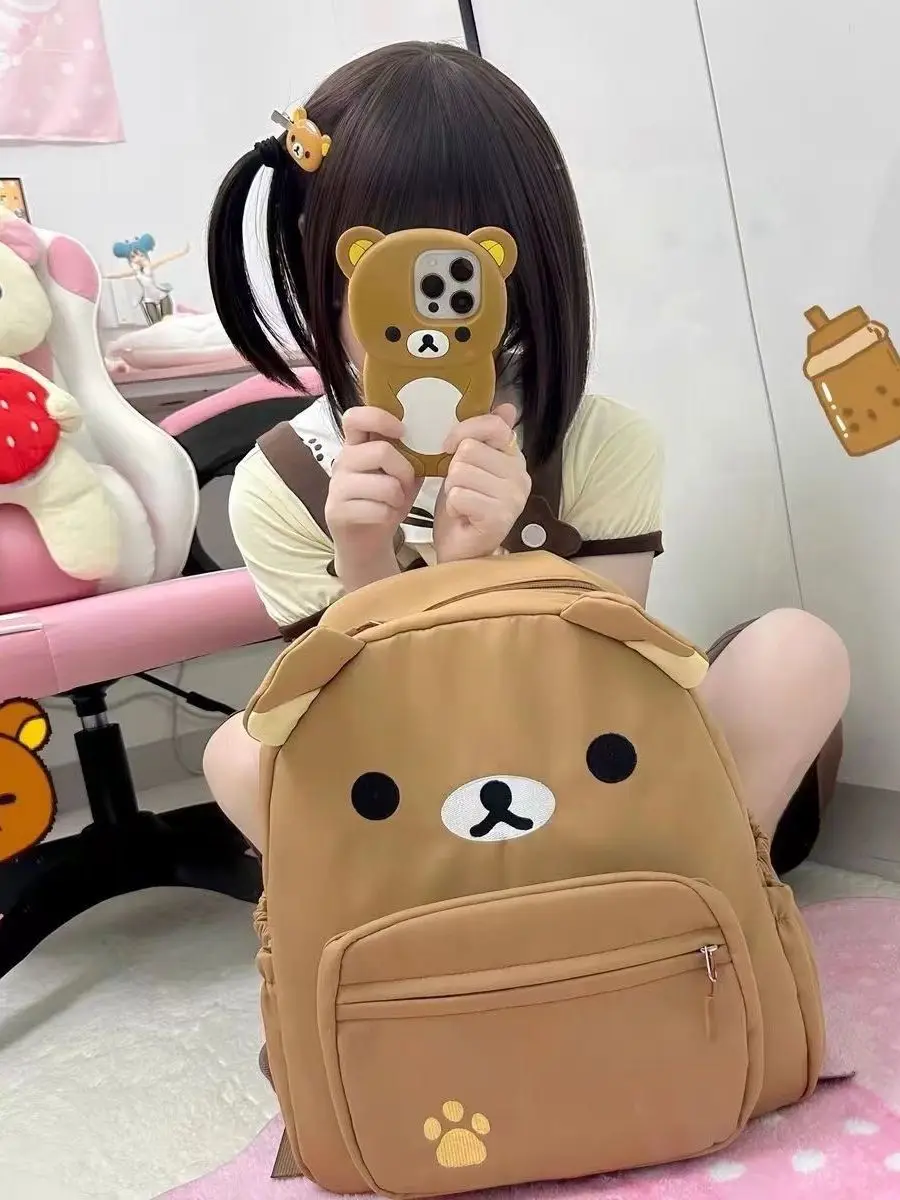 Nueva Mochila de Lona Easy Bear, Gran Capacidad, Estilo Japonés Informal, Color Marrón y Blanco, con Doble Correa, para Estud...