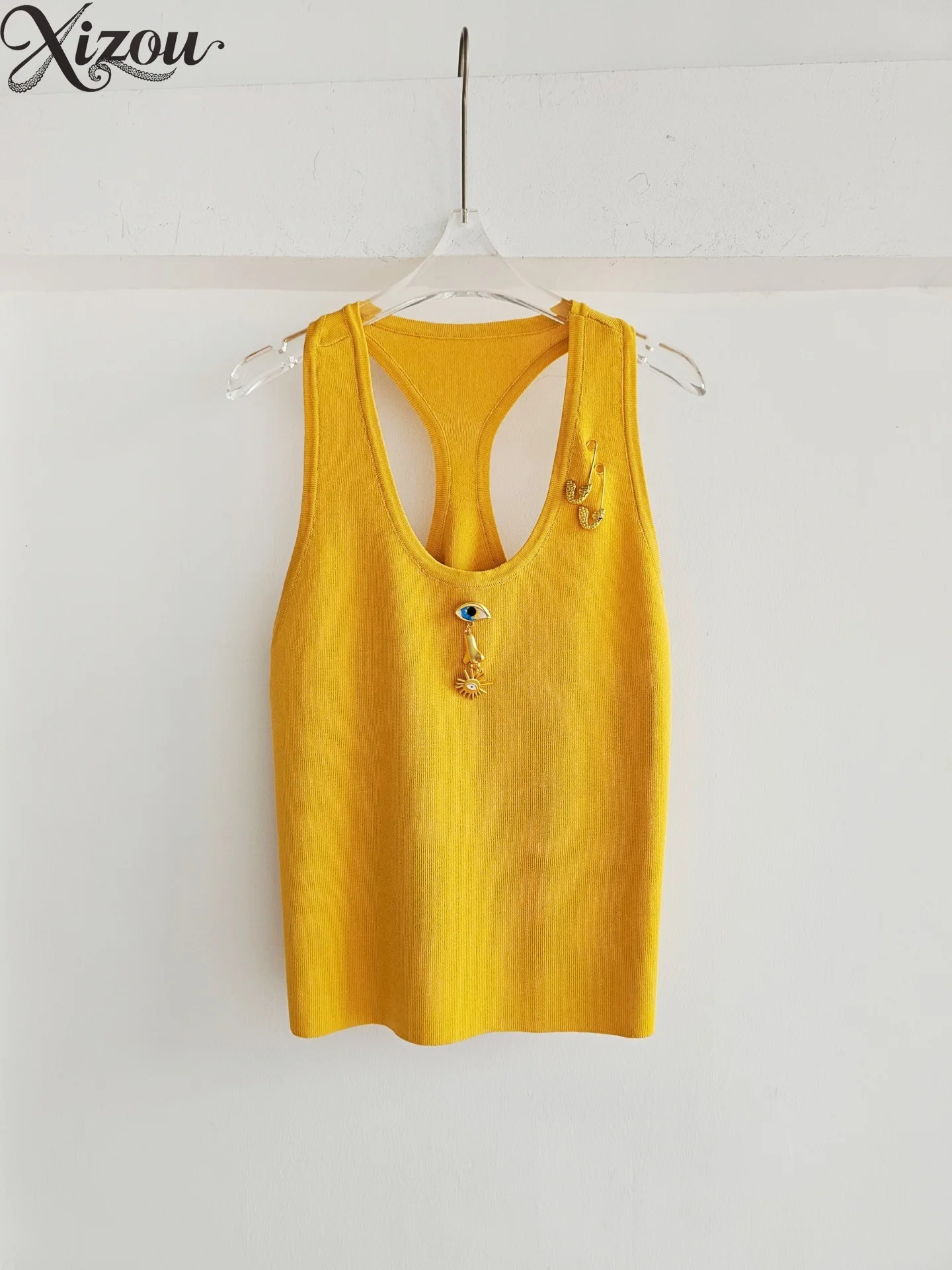

2026 Summer American Eye Metal Decor Racerback Vest Slim Fit Knit Tank Top Pure Color High Elastic Daily Wear Tank Camis Spicy