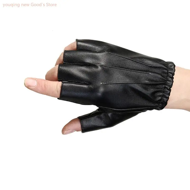 49Me fingerlose Fahrhandschuhe PU Faux Leder Freien Sport schwarzer Halbfingerhandschuh Cosplay Fäden für Männer Frauen