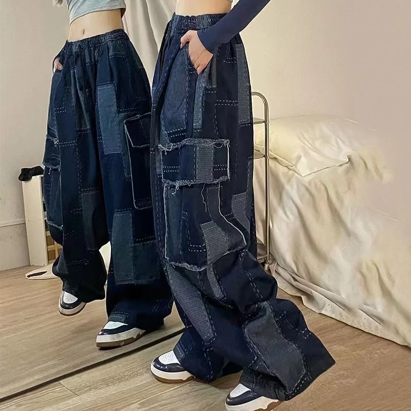 Jeans 2023 Woman Japanese Chic Wide Leg Pants Vintage Patchwork Plaid Pocket Trousers Streetwear Y2k Clothes Pantalon