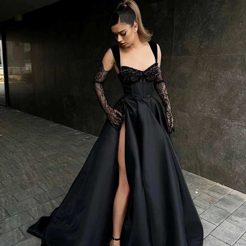 customized A-Line Prom Dresses Black Beadings Evening Party Gowns High Split Without Gloves Plus Size Formal Occasion Dresses