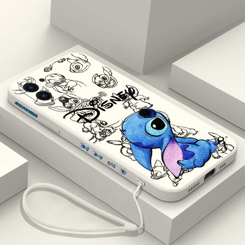 Disney Super Cute Stitch Phone Case For iPhone 15 14 13 12 11 Pro Max Mini X XR 8 7 6S Plus Soft Silicone Cover With Hand Strap