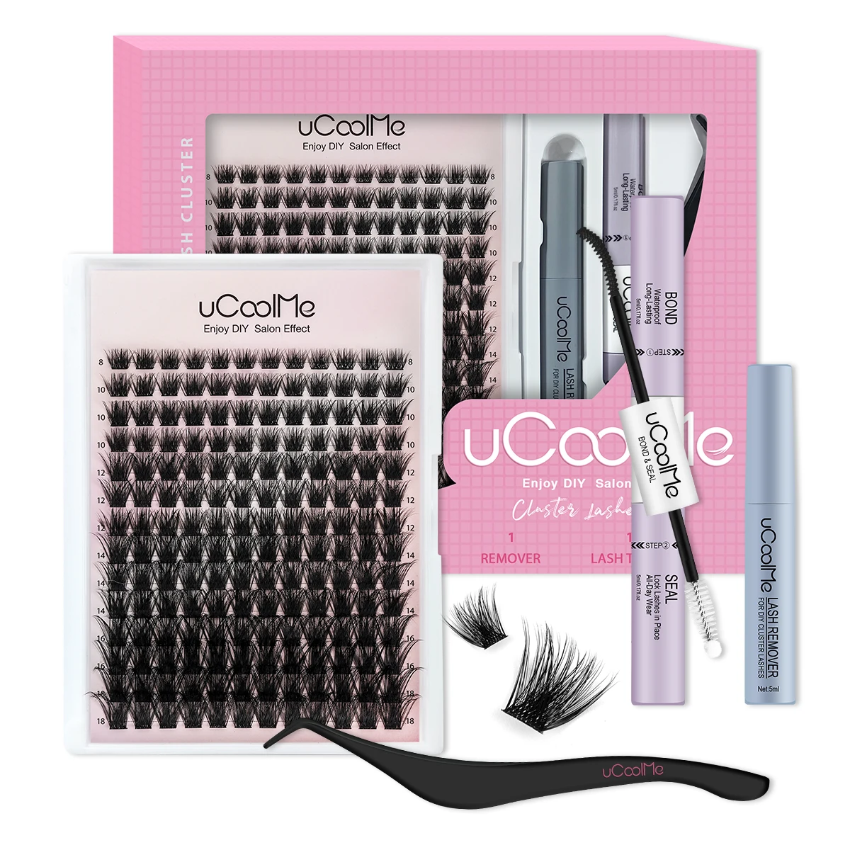 uCoolMe Lashes Magic 0.05mm DIY Lash Clusters Kit with Bond and Seal Tweezer Waterproof Long-lasting False Eyelashes Extension