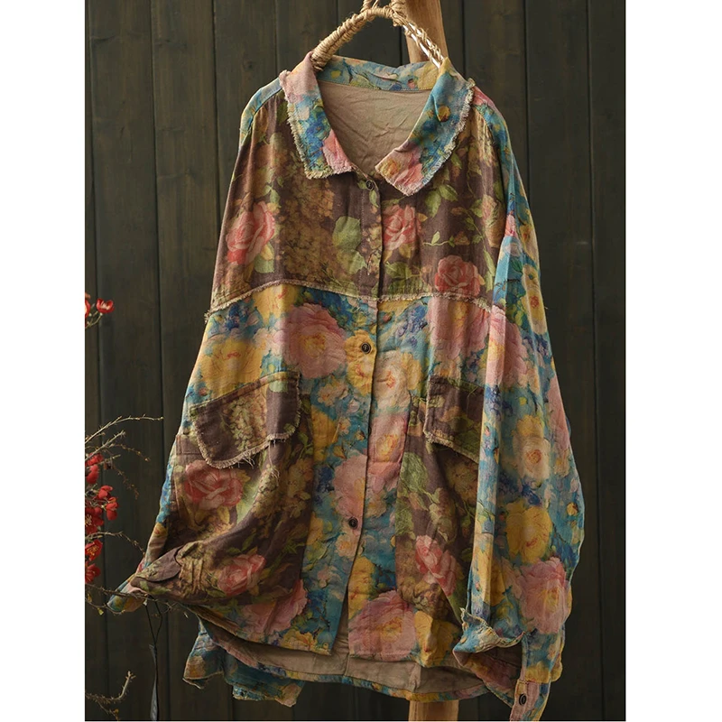 2025 New Arrival Autumn Women Long Sleeve Turn-down Collar Blouse Loose Casual Floral Print Good Quality Cotton Shirts M86