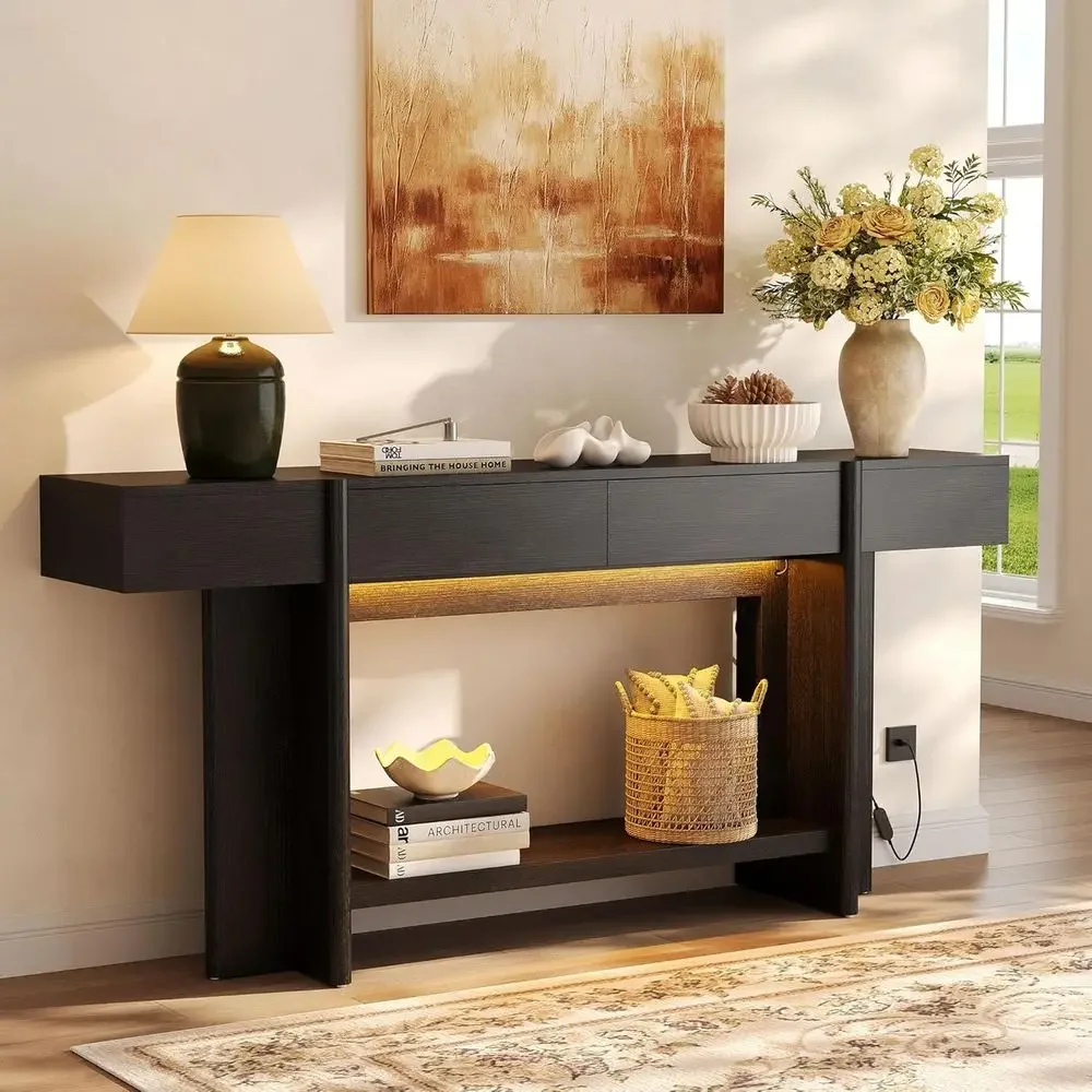 

70.8" Long ole Table, 2 Der Entryway Table with Colorul LED Lights, armhouse Entry Way Table with Open Storage, Narrow Long Soa
