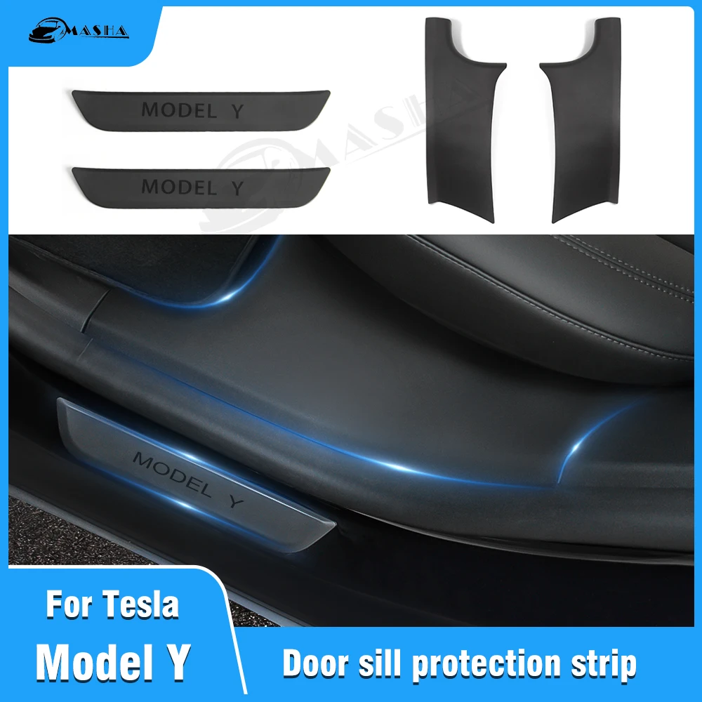 2Pcs For Tesla Model Y Rear Door Sill Protective Pad Cover Guards Threshold Bumper Strip Fit Car Anti Kick Pads ABS Modely