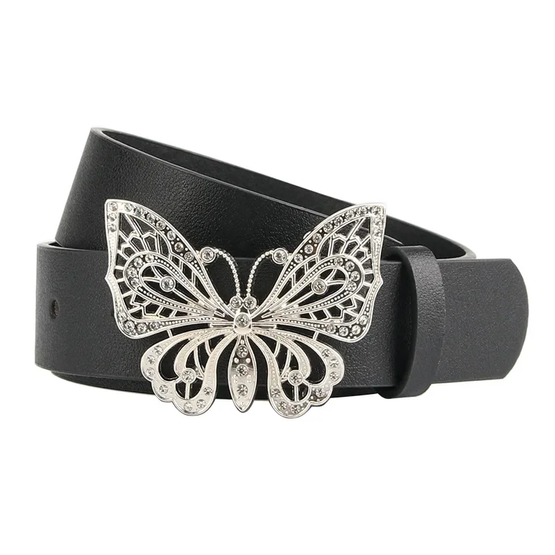 New Unique Butterfly Diamond Belt Women Fashion Metal Buckle Shiny Pu Belts Female Jeans Dress Waistband 2024