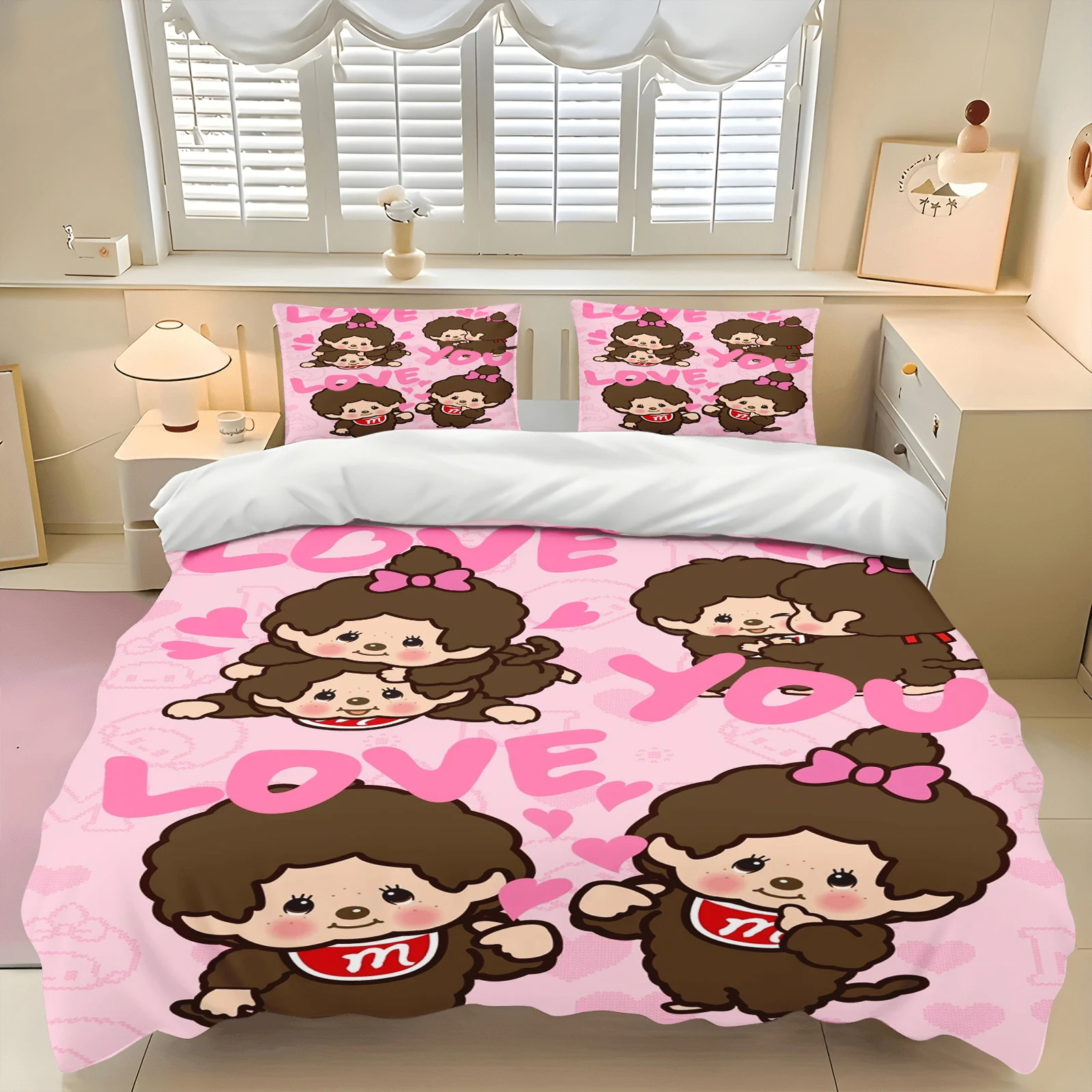 Immagine 5: Set Copripiumino Monchhichi Carino, Set Biancheria da Letto 3D per Bambini, Set 3 Pezzi con 1 Copripiumino Misura King