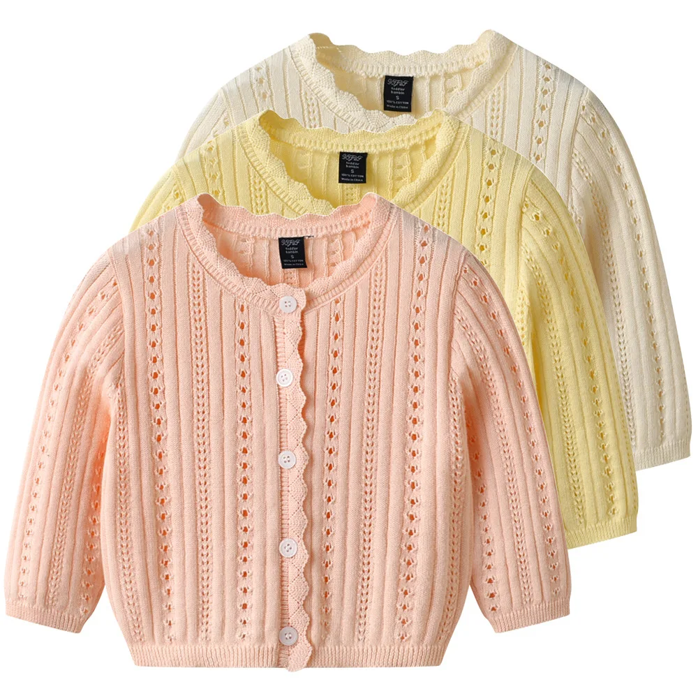 2026 New A-Class Pure Cotton Hollow Out Knit Shrug, Thin Summer Infant Kids Open Cardigan Wholesale for 80-120cm