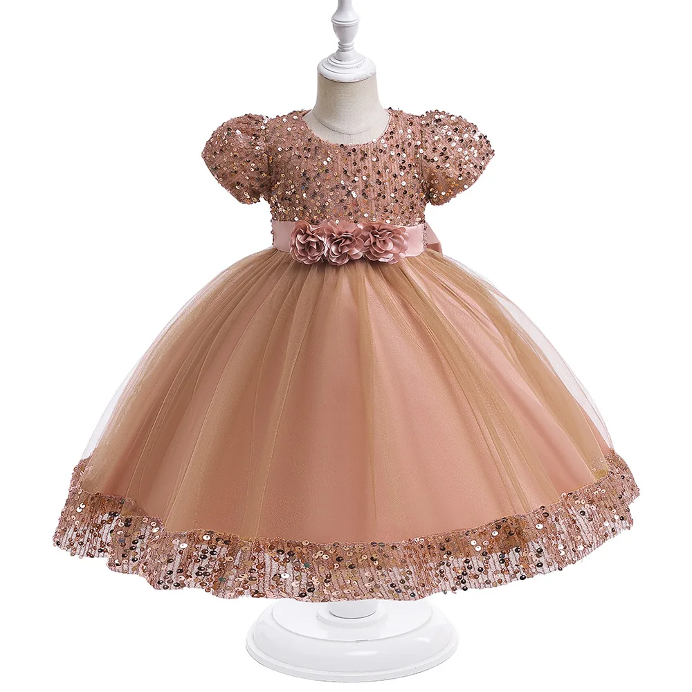 Girl Vintage Wedding Party Dress Elegant Kids Sequin Bow Birthday Princess Clothes Children Evening Gown Graduation Vestidos