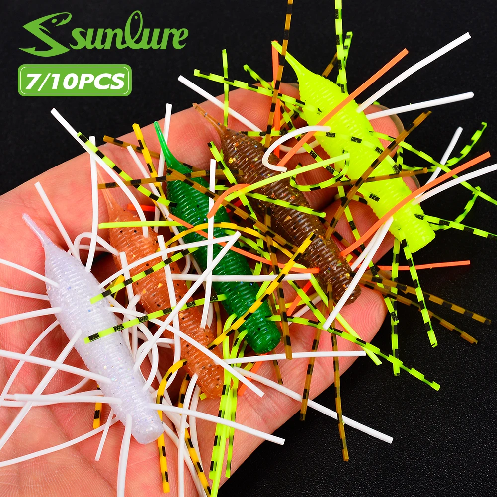 Sunlure Caterpillar Multi Legged Beard Soft Worm Bionic Fish Bait 7/10PCS Swinging Swimming Bait Bass Tuna Saltwater Fish Lures
