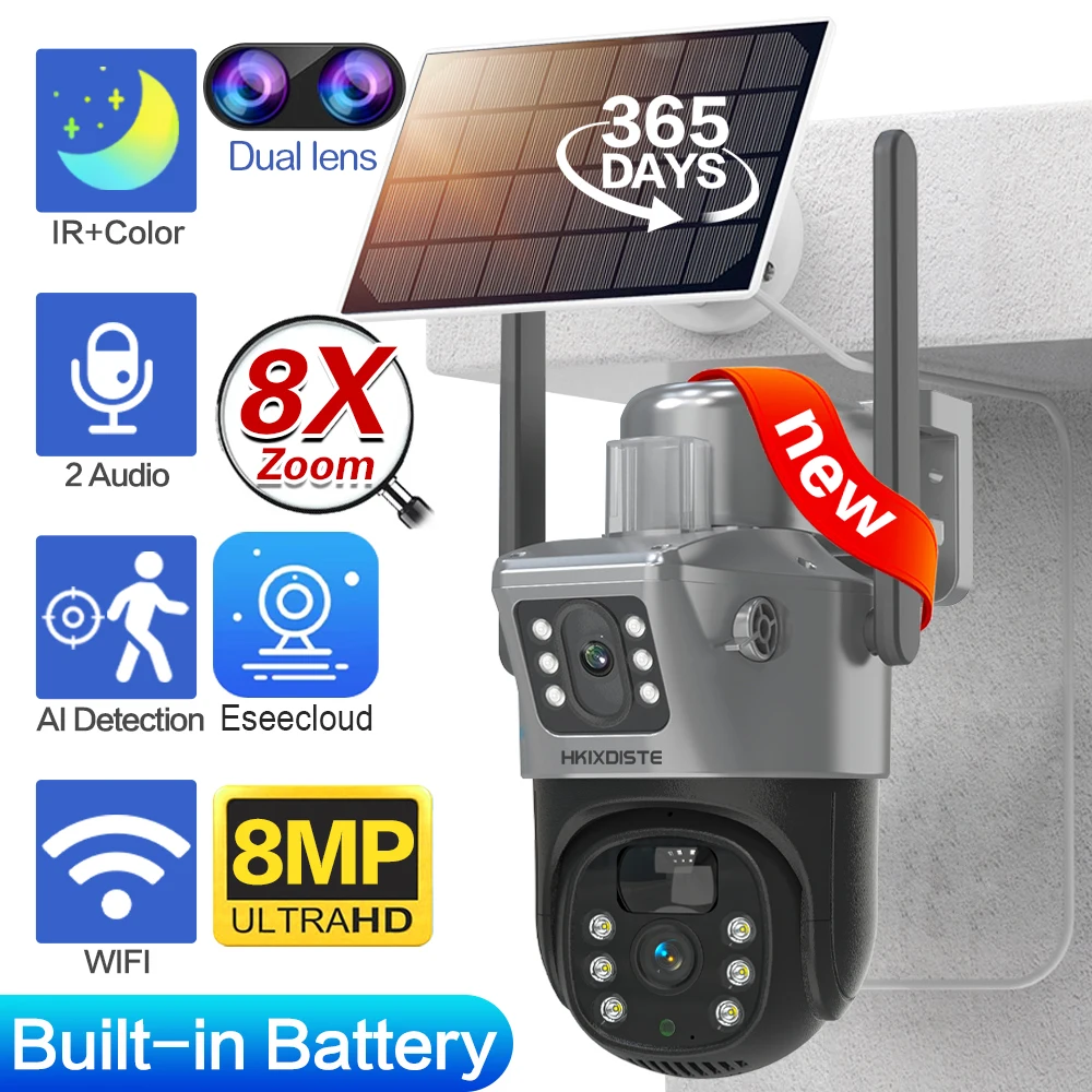 

4K 8MP Dual Lens Solar Camera 8X Zoom Outdoor Colorful Night Wireless WIFI Video Surveillance Security Protection CCTV IP Camera