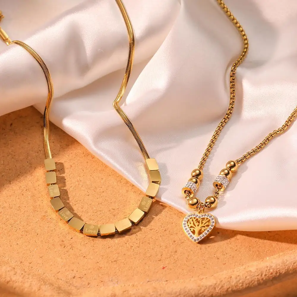 RAKOL 316L Stainless Steel Heart-Shaped Tree Pendant Necklace For Women New Fashion Beads Choker Chains Jewelry Gift Party