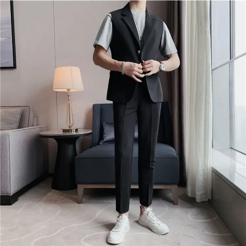 Summer Suit High-end and Fashionable Solid Color Sleeveless Vest Trendy Tops Handsome and Versatile New Jacket Trendy Men