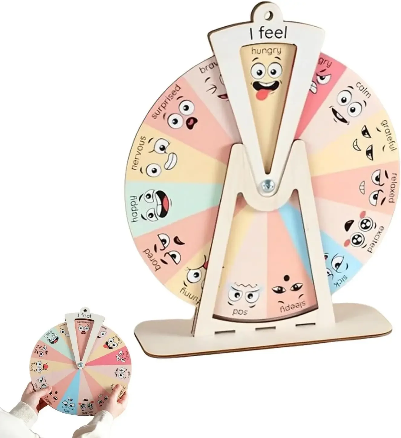 Wooden Kids Emotion Wheel, Wooden Emotion Wheel with Base, Explore Emotions with Faces, Social-Emotional Learning Toy