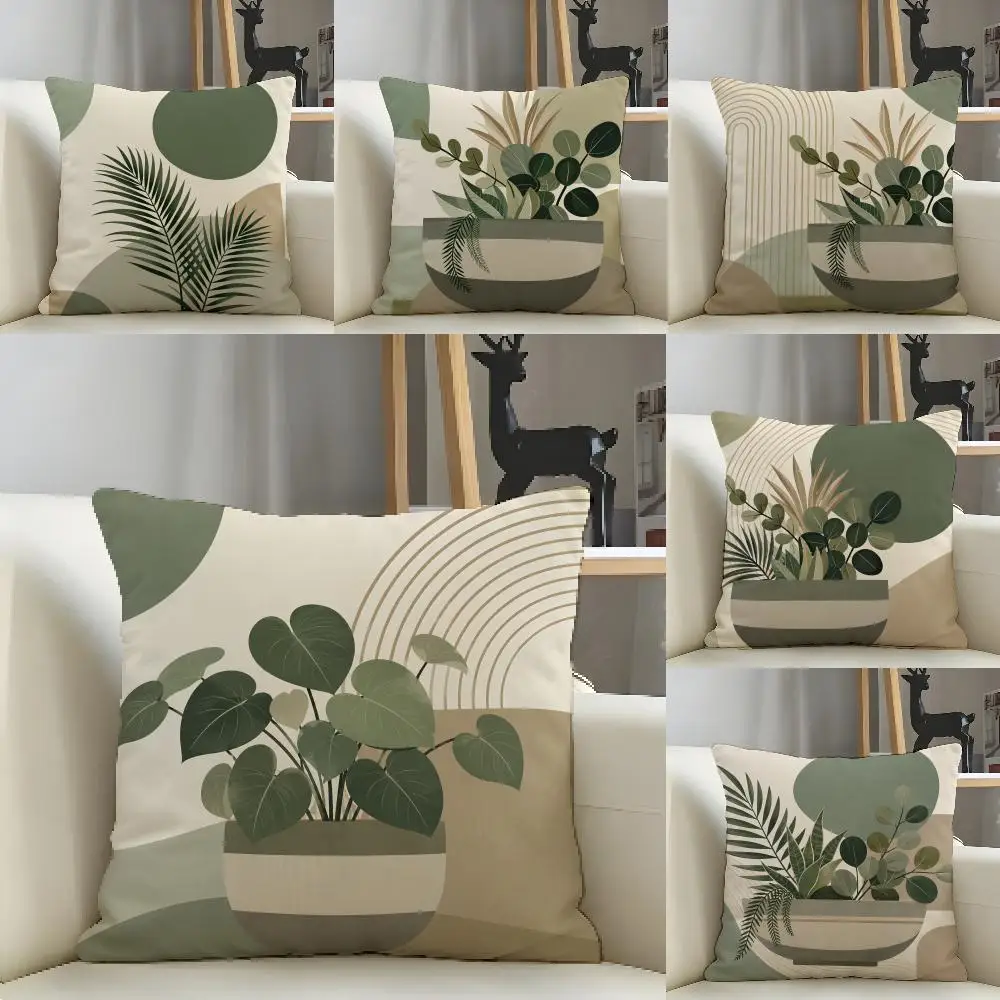 Morandi Greenery Geometric Cushion Cover Natural Linen Pillow Case Organic Fabric Double Sided Print Sofa Home Decor Gift