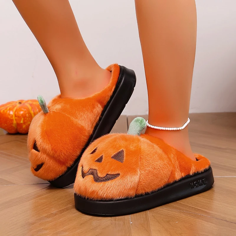 Halloween 3D Pumpkin Plush Slippers Women Fluffy House Slides Unisex Winter Platform Shoes Girls Non-Slip Indoor Holiday Party view 3