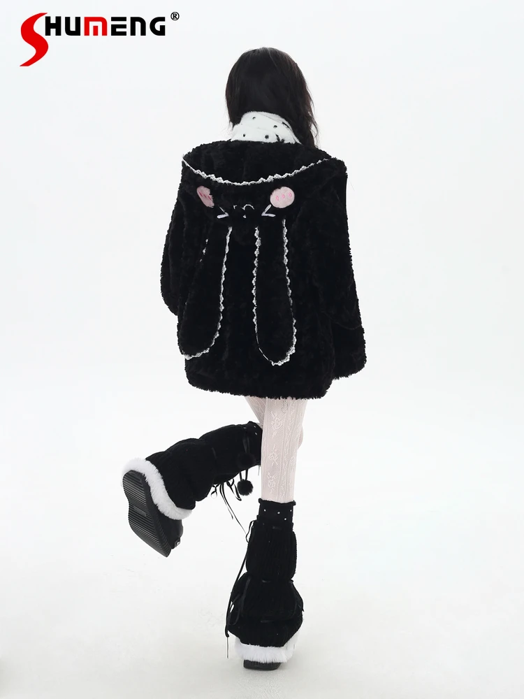 

High Street Fashion Sweet Cool Girl Lace Hooded Thick Coats Cartoon Embroidery Loose Versatile Warm Winter Short Jackets Women