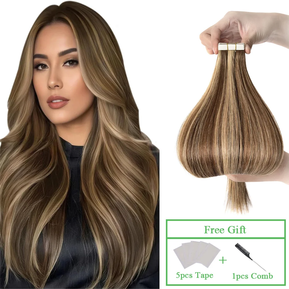 Cinta en extensiones de cabello humano, 12-24 ", 20 piezas de cabello Remy brasileño, cinta Invisible recta sin costuras