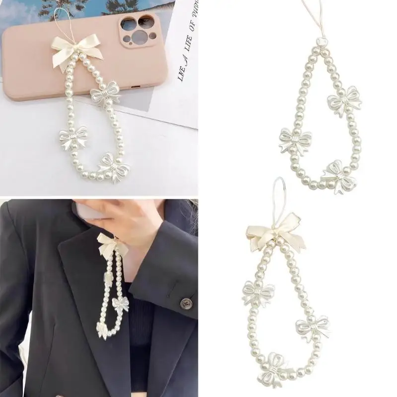 9HJK Pearls Bead Phone Pendant Bowknot Phone #3