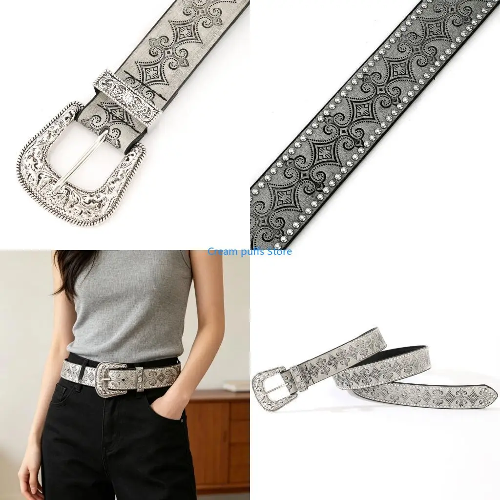 50LE Western PU Belt with Embossed Pattern, Large Engraved Pin Closure and Everyday Street Outfit Accent Appeal for Adults