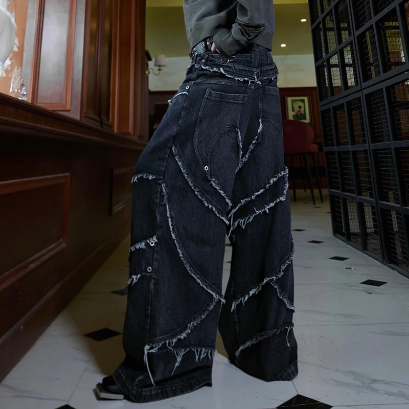 FEWQ Niche Washed Silhouette Jeans Splicing Work Pants 2024 Tassels Metal Decoration Wide Leg Male Trousers Casual 24E1811