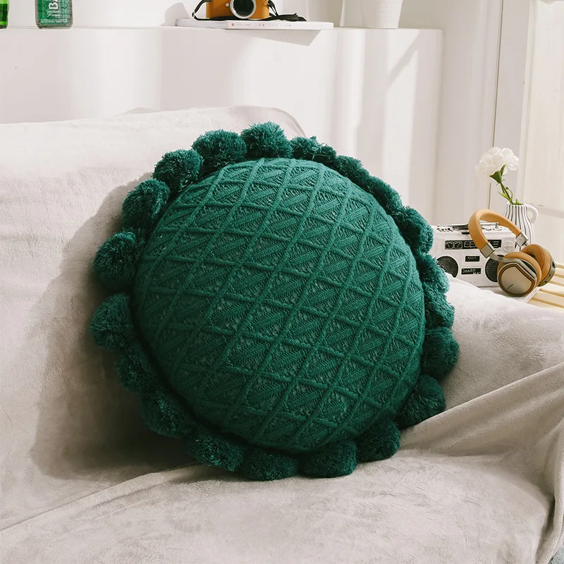 Inyahome Round Creative Knitting Pompoms Sunflower Pillow Decorative Cushion Throw Pillow with Insert Plush Pillow Christmas