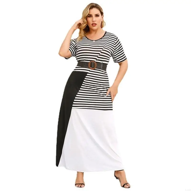 l38e-abito-casual-ampio-da-ufficio-con-stampa-a-righe-manica-corta-o-collo-orlo-svasato