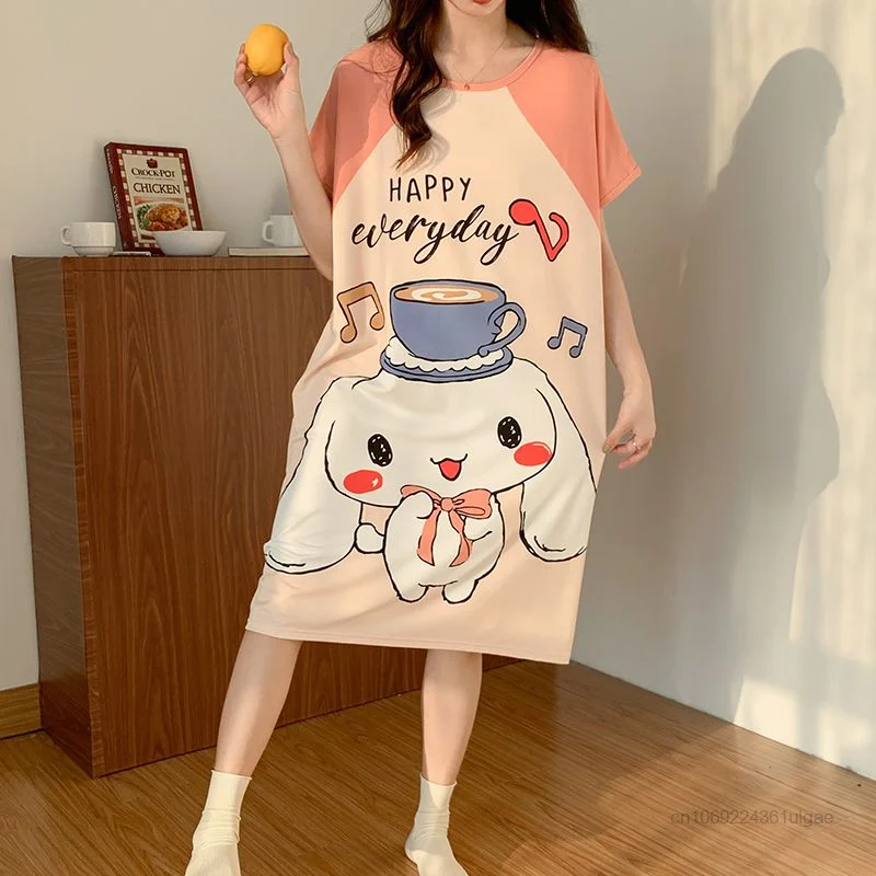 Sanrio Cinnamoroll Hello Kitty Summer Dress Oversized Tshirts Women Casual Fashion Home Clothes Y2k Female Loose Pajama Dresses