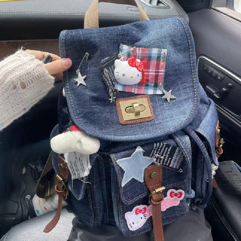 Hello Kitty  Y2k Spicy Girl Backpack Multiple Pockets Denim Collage Style New Trendy Shoulders Bag Korean Version Vintage