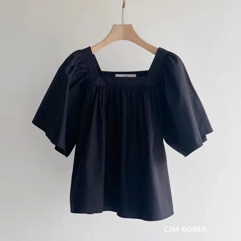 Square Collar Shirts and Blouses Korea Summer Top Women 2024 Elegant and Youth Woman Blouses Solid Fashion Short Sleeve Clolthes