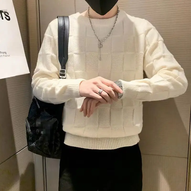 Pull à manches longues à col rond pour hommes, Streetwear en damier, Pull américains, Solide, Tendance coréenne, Automne, Hiver