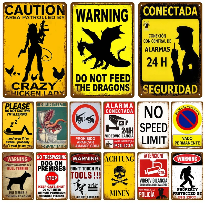 Assorted Funny Warning Caution Metal Signs - Retro Humorous Novelty Sign Set for Home Garage Man Cave Decor