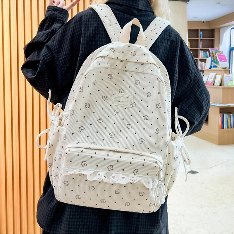 Sweet Star Print Corduroy Backpack Girls Delicate Lace Ruffle Drawstring Side Pockets Cute Student Rucksack Soft Fabric Bookbag