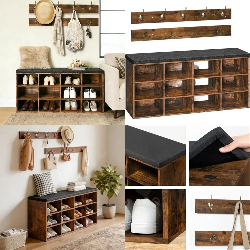 

Банкетка для прихожей 39.4 с подушкой и 12 отсеками для обуви, шкаф для хранения вещей с вешалкой для одежды для спальни или прихожей, выдерживает до 330 фунтов.