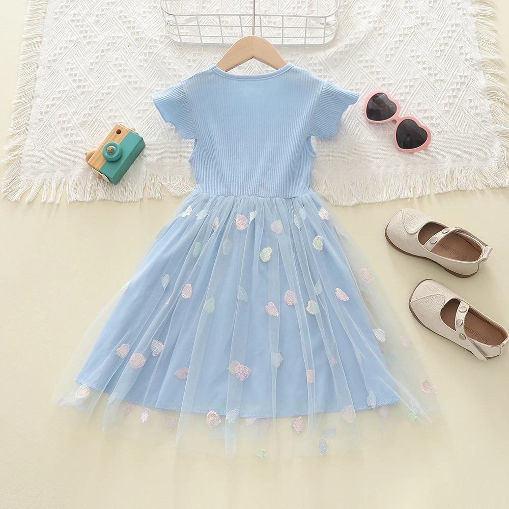 Summer Dress Pure Blue Bespangle Grenadine Casual Girls Party Dress Children Soft Clothing