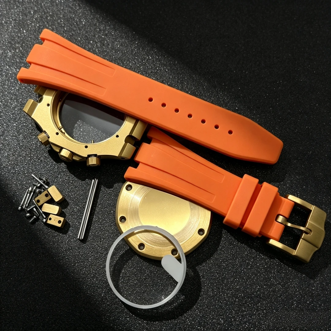 Black Rose Gold 41MM Rubber Steel Style Case Strap Watch Parts Buckle for Oak 31.8mm Dial VK63 Quartz Movement Watch Pointer Kit view 3