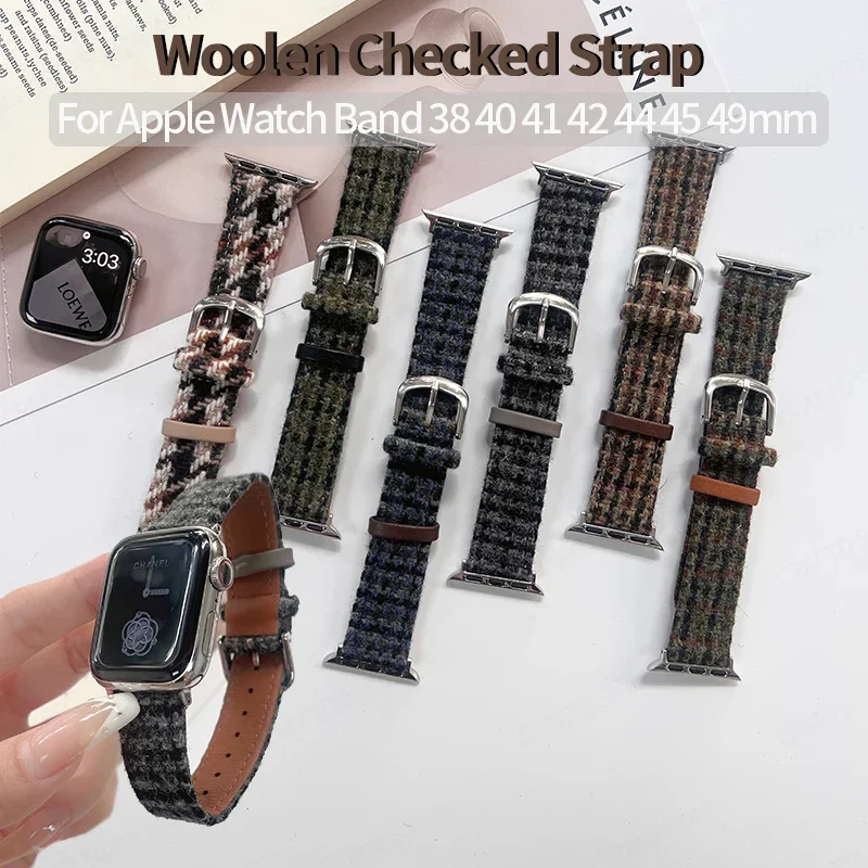 

Winter Leather Strap for Apple Watch Band 49mm 44mm 45mm 42mm 40 38 41 Woolen Checked Bracelet for iWatch 9 8 7 SE 6 5 4 Ultra 2