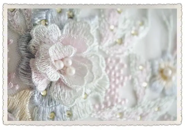 Lost in Vintage Handbag Hand Stitched Floral Pattern with White Faux Pearl in the Cnter of the Flowers Kiss Lock Wedding Purse