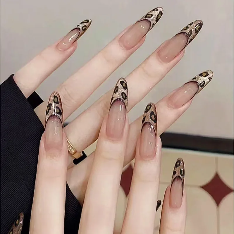 24Pcs Long Almond False Nails Press on Leopard Print Cat's Eye Design Full Cover Nails Tips Pearl Rhinestone Reusable Fake Nails