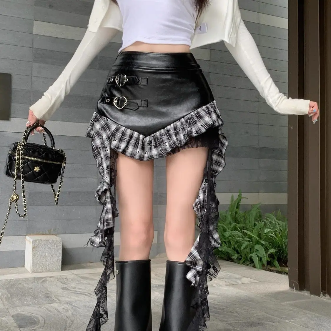 Gothic Punk Plaid Mini Skirt Ribbon Splicing Lace Sexy Hottie Y2k Skirt Harajuku New Pu Leather High Waist Slim Fit Black Skirts